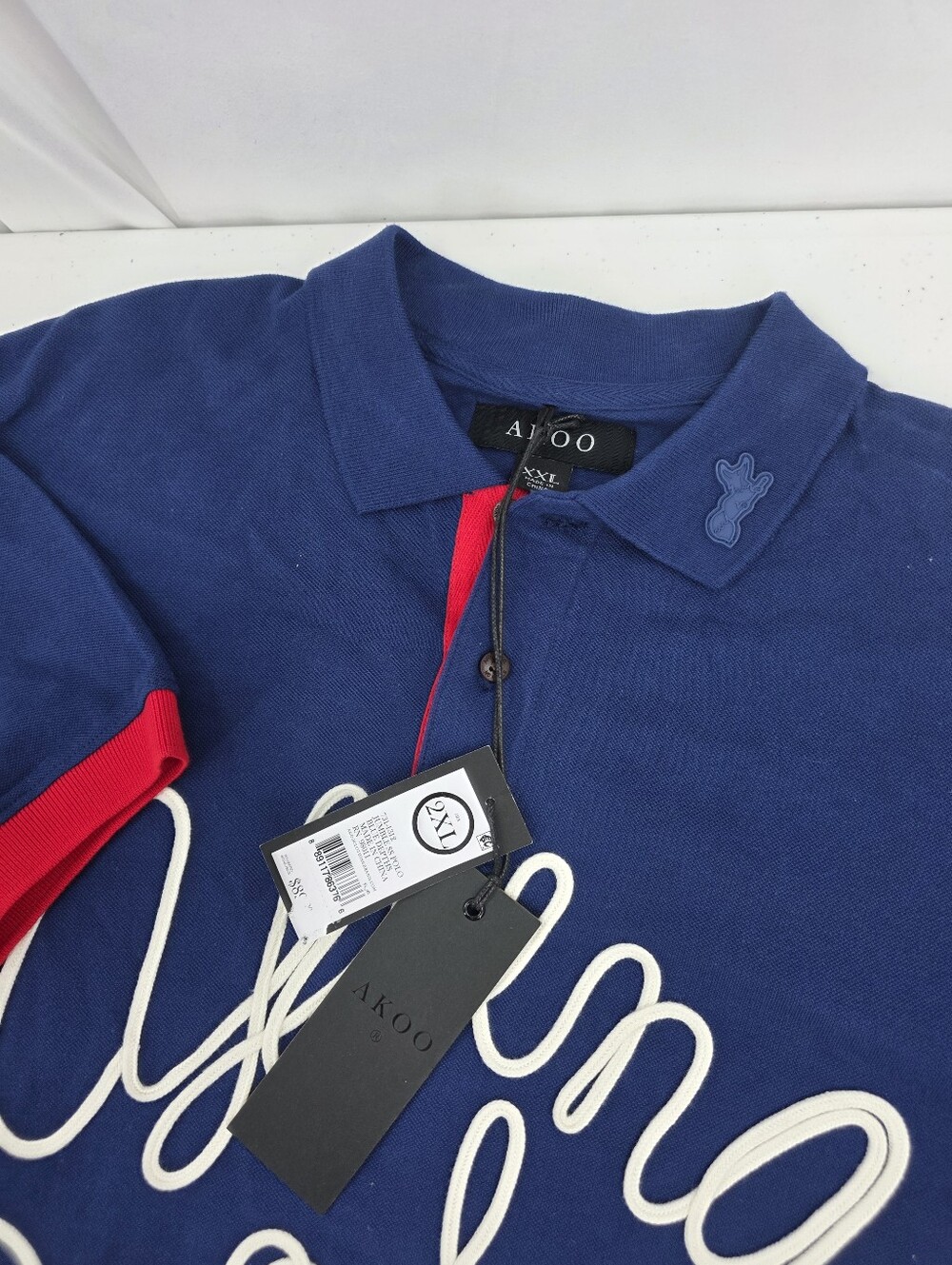 NWT AKOO Jumble SS Polo Pique Script Embroidery Mens 2XL Blue White Hip Hop Rare